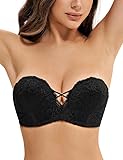 Deyllo Damen Push Up Trägerloser BH Große Größen mit Unsichtbare Eingebaute Bügel, Spitzen Schalen BH Ohne Träger mit Anti-Rutsch Band für Rückenfreies Kleid Schwarz 70B
