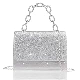 Toptime Clutch Silber, Glitzer Kleine Umhängetasche Damen mit Tragegriff, Pailletten Handtsche Damen Klein mit Abnehmbare Metallkette, Elegant Abendtasche Silber für Abschlussball, Hochzeit, Party