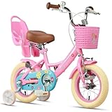 Glerc Maggie 12 Zoll Kinderfahrrad Alter 1 2 3 4 Jahre alt Mädchen Fahrrad Prinzessin Stil mit Puppen-Sitz & Korb & Stützräder & Glocke für Geburtstag,Rosa