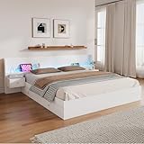 Kebnor Doppelbett 180 * 200cm, Doppelbett,holzbett,Jugendbett,mit USB-Schnittstelle,mit LED-Beleuchtung und Steckdose,steuerbar per Mobile APP,2 Nachttische,mit Schubladenablage,ohne Matratze,weiß