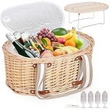 Zettfuly Picknickkorb-Set für 4 Personen – Isolierter Weidenkorb mit klappbarem Weintisch, Picknickset mit Innenfutter für Paare, Camping, Outdoor, Valentinstag (Weiße Blume)