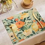 Tischset Aus Leinen - 4 Stück - Blumen Platzset - Untersetzer Für ESS,- Küchentisch - Waschbare rutschfest Platzdeckchen - 30X45Cm (Orange Und Weiße Aquarellblumen)