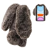 LCHDA Plüsch Hülle für iPhone 12 Mini 5,4' Flauschige Hasen Fell Künstliche Kaninchen Pelz Niedlich Hasenohren Mädchen Süße Handytasche Stoßfest Schützend TPU Silikonhülle - Braun
