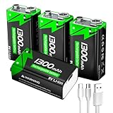 9V Wiederaufladbare Akku, 1300mAh Lithium-ionen Block Batterien mit USB-C-Schnellladekabel ideal für Rauchmelder, Feuermelder, Alarme, Mikrofon, Multimeter usw (4 Stück)