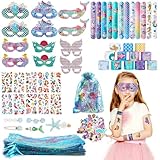 Kaisibum 111 Stück Meerjungfrau Party Mitgebsel Kindergeburtstag, Meerjungfrau Kindergeburtstag Set mit Meerjungfrauenmasken Haarnadel Slap Armbänder Tattoos Aufkleber für Kinder Mädchen