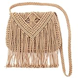 MEGAUK Umhängetasche mit Fransen Damen Schultertasche Fransentasche Quasten Stroh gewebte Strandtasche für Frauen, Hellbraun