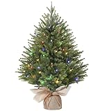 Alupssuc 2 Fuß Beleuchteter Künstlicher Mini-Weihnachtsbaum, 100％ PE-Zweige mit Sockel aus Leinensack, Farbige LED-Lichter, 8 Lichtmodi, Perfekt für Weihnachtsdekorationen, Küche, Esszimmer, Grün
