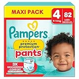 Pampers Premium Protection Pants Größe 4, 82 Windeln, 9 kg - 15 kg, mit einem 360°-Halt und weichen Auslaufbarrieren, 2 mal breiter als vorne für Komfort und Schutz