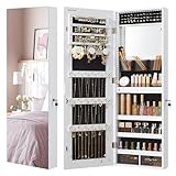 SONGMICS Schmuckschrank, Wandmontage, Organizer mit LED-Lichtern, Aufbewahrungsschrank, mit rahmenlosem Spiegel, integrierter Schminkspiegel, 2 Schubladen, abschließbar, Weiß JJC013W01