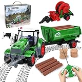 PATEMZON Ferngesteuerter Traktor, Traktor Spielzeug, 1:24 Traktors Ferngesteuert mit Bewässerungshaspel, Anhänger und 4 Baumstämmen, 2.4 GHz Farm RC Trecker, Geschenk für Kinder ab 3 4 5 6 Jahre