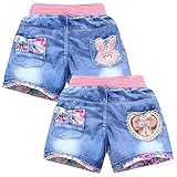 SXSHUN Shorts Mädchen Jeansshorts Kinder Denim Kurze Hose 2er-Pack Sommer Baumwolle Hosen mit Modische Druck, Kaninchen+Liebe, 116