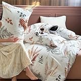 Freyamy Baumwolle Bettwäsche 200x200cm 3teilig Beige Bunt Blätter Pflanzen Baumwolle Bettwäsche Set Pflanzenmuster Mädchen Deckenbezug Bettbezug mit Reißverschluss und 2 Kissenbezug 80x80cm