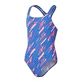 Speedo Hyperboom Allover Medalist Badeanzug Chlorbeständig Schnelltrocknend für Mädchen, Sirenenrot/Echtes Kobaltblau/Picton-Blau, 11-12 Jahre