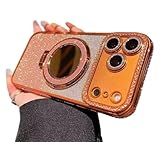 Magnetischer Ständer Glitzer Spiegel Hülle für iPhone 17 Pro Max 6.9',Bling Sparkle Diamant TPU Stoßfester Makeup Spiegel Koffer mit Kameraschutz für Frauen und Mädchen(Orange)