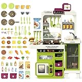 deAO Spielküche Küchenset mit Licht Ton Wasser Dampf und Küchenzubehör, 68 Stck. Kinder-Küchenspielset mit Großer Speicherschrank, Herd, Spüle, Backofen, Essen, Küche Spielzeug ab 3 Jahren (Grün)
