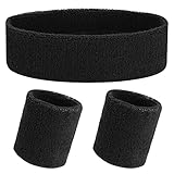 Yolev 3 Stück Schweißband Set Schwarz Sport Stirnband Schweißbänder Handgelenk Herren Damen 80er 90er Jahr Outfit Schweißbänder Absorbierendes Accessoires