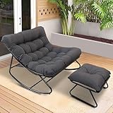 HavenGlide Schaukelstuhl Schaukelsessel Extra Groß - mit Kissen und Hocker | Outdoor Schwingsessel aus Metall | Bequemer Relaxstuhl bis 150 kg Belastbar für Wohnzimmer Terrasse Balkon Garten-Grau