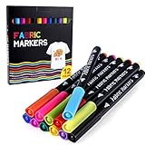 ihaspoko Textilstifte Waschmaschinenfest, 12 Farben Textilstifte für T-Shirts, Jeans, Hüte, Leinentaschen, Schuhe, Textilmarker Stoffmalfarben für Malen und Schreiben