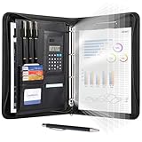 Leathario A4 Konferenzmappe, Schreibmappe mit Ringbuch，Reißverschluss,Ringbuchmappe Portfolio, Dokumentenmappe Aktenmappe Mappe Schreibblock Schwarz
