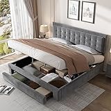 buiesjole Bett mit Kasten und Schubladen, Samtstoff, Polsterbett, Lattenrost, Doppelbett, großer Stauraum, 180 x 200, Grau
