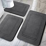 chakme Badezimmerteppich Set 3 Teilig, Weiche Memory-Schaum Badematte und U Förmige wc Vorleger, Badteppich rutschfest Waschbar Badvorleger Set Dunkelgrau