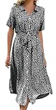 Livonmone Sommerkleid Damen Kurzarm Casual V-Ausschnitt Blumendruck Kleider Strandkleider Sexy Schlitz Midikleid Cocktailkleid Partykleid mit Gürtel (Schwarz, XL)
