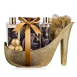 accentra Luxury Badeset Geschenkset in wunderschönem goldenem Glitzer Pumps, 9-teiliges Luxus Beautyset Pflegeset Duschset – für ein entspanntes SPA Erlebnis