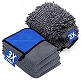 YSWOVUO 5 Stück Autopflege Set mit 3er Mikrofasertücher Auto & 2er Mikrofaser Waschhandschuh Auto, 600 GSM Trockentuch Extra Saugstark 100% Kratzfrei & Schonend, zum Polieren (40 x 30 cm)