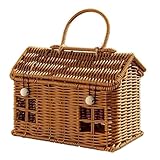 Exogio Rattan Hausförmiger Korb mit Deckel Naturfarbener Erntekorb Aus für Picknicks, Organisation, Aufbewahrung