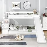 Aoskem Kinderbett Etagenbett 90x200 für 2 Kinder, Hausbett Hochbett mit Stauraum 2 Schubladen Treppe und Rutsche, Holzbett Bettgestell Kinderbett mit Rausfallschutz und Lattenrost, Ohne Matratze, Weiß