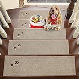 BEQHAUSE Stufenmatten Innen rutschfest 15 Stück, Maschinenwaschbare Treppenteppich Selbstklebend Stufenteppich für Kinder, Älteste und Haustiere, 100% Polyester TPE -Rücken, 22X70cm, Beige