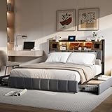 Bett 140 x 200 cm mit Lattenrost LED und USB, Doppelbett mit 4 Schubladen, Kopfteil mit Stauraum, Doppelbett, gepolstert, für Erwachsene und Jugendliche, Leinen (140 x 200 cm)