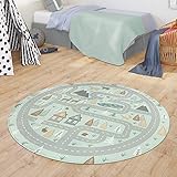 TT Home Teppich Kinderzimmer Kinderteppich Babymatte Straßen Motiv Tiere Wald Haus Junge, Farbe:Türkis, Größe:Ø 80 cm Rund