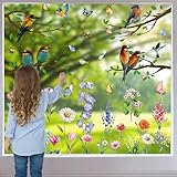 Fensterbilder Frühling Deko Selbstklebend, Fenstersticker Garten Blumen Fenster Aufkleber, Vogel Blumen Aufkleber Fenster Fensterbilder Kinder, Wiederverwendbar