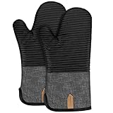 BONTHEE Ofenhandschuhe Topfhandschuhe Extra Lang Baumwolle kochhandschuhe mit Anti-Rutsch Silikon Gestreift backhandschuhe für Kochen Backen Grillen - 2er Set - Schwarz