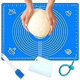 Antihaftbeschichtete und rutschfeste Silikon-Backmatte, 50 x 40 cm, Fondantmatte, Teigrollmatte, Backpinsel, Teigschaber, Schneider und wiederverwendbare Wickelkrawatte (blau)