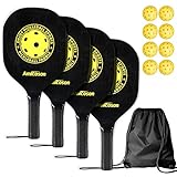 Pickleball Paddelschläger - Amicoson Pickleball Schläger Set mit 4 Paddeln, Indoor & Outdoor Pickleball Paddel Set mit 4 Holz Ergonomisch Kissen Griff, 8 Pickleball Bälle & 1 Tragetasche