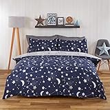DREAMSCENE Bettbezug mit Kissenbezug, Motiv: Mond, Sterne, Galaxie, wendbar, für Einzelbett, Marineblau/Grau