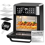Heißluftfritteuse 12L mit LED-Touchscreen,12 Kochprogramme,Heißluftfritteuse mit drehfunktion,Temperaturregelung 60-200°C,Airfryer XXL mit 6 Zubehör,Heißluftofen, Minibackofen