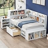 TZCIN Kinderbett 90x200 Einzelbett, Holzbett mit Stauschrank, Bücherregal, Regal und Schubladen, Flachbett Stauraumbett Funktionsbett Jugendbett, Bettgestell mit Lattenrost, Ohne Matratze, Weiß