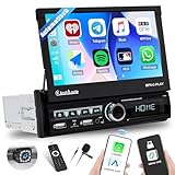 SIXTOP Autoradio 1 Din Navi mit Automatisch Versenkbarer Bildschirm mit Wireless Carplay Android Auto，7 Zoll Radio Stereo 1Din mit EQ Bluetooth Mirror Link FM AUX TF USB SWC Fernsteuerung Rückfahrkame