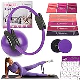 Goocrun Pilates Ring Set Exercise Equipment with Exercise Bands Resistance Bands Set, Pilates Ball, Sliding Disks – Workout Equipment Home Gym Includes Complete Fitness Poster (Lila)
