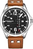 Stuhrling Original Herren-Lederuhr, Luftfahrtuhr, schnell einstellbares Tagesdatum, Lederband mit Stahlnieten,
