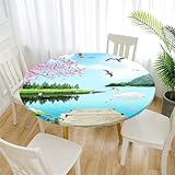 Treer Tischdecke Outdoor Rund, 3D Möwenstil-Druck Lotuseffekt Tischdecke Abwaschbar Elastisch Rund Gartentischdecke, für Garten, Küche, Esstisch, Parteien Tischdecken (Schwan,200cm)
