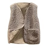 Vinuwu Weste Damen Ärmellose Fleeceweste Damen Einfarbig V-Ausschnitt Knöpfen Teddy Weste Damen Fell Weste Kurz Plüschweste Damen Weste (DE/NL/SE/PL, Alphanumerisch, L, Regular, Regular, Khaki)