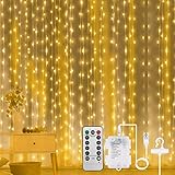 Aomig Lichtervorhang 3x3m, 300 LEDs Vorhang Lichterkette 2 in 1 USB & Batterie, 8Modi Vorhanglichter mit Fernbedienung, IP65 Wasserdicht, Innen Außen Deko für Hochzeit, Party, Weihnachten, Terrasse