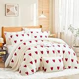 Nayoroom Biber Bettwäsche Herzen 200x200 Weiß mit Rot Herz Muster Winter Fleece Bettwäsche-Sets 3 Teilig Cashmere Touch Warm Flauschige Flanell Weihnachten Plüsch Bettbezug und 2 Kissenbezüge 80x80 cm