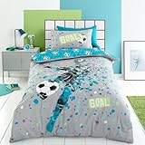 Bedlam Bedding Blauer Aqua-Fußball-Bettbezug – Einzelgröße (200 x 140 cm) – wendbar (2 Designs) – Bettbezug mit Fußballmotiven – Fußball-Schlafzimmer-Zubehör – Fußball