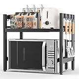 Glovios Erweiterbares Mikrowellen Regal Stehend Mikrowellenregal für Küche Organizer Mikrowellenständer Küchenregal Arbeitsplatte Bäckerregal Mikrowellenhalter mit 6 Haken (Schwarz)