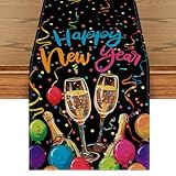 Artoid Mode Happy New Year Gläser Luftballon Neujahr 2026 Tischläufer, Saisonnal Winter Küche Tisch Dekoration Drinnen Urlaub Party Dekor 40x180 cm